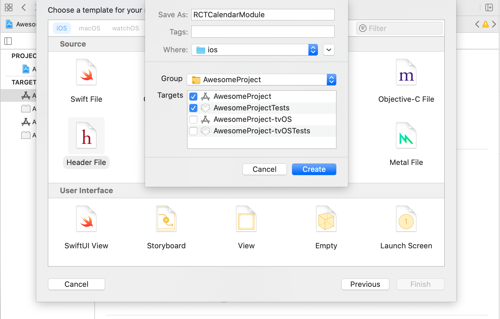 Image of creating a class called RCTCalendarModule.h.